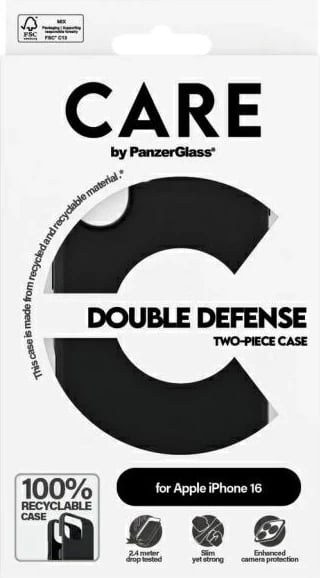 Mbështjellës PanzerGlass CARE Double Defense për iPhone 16, i zi