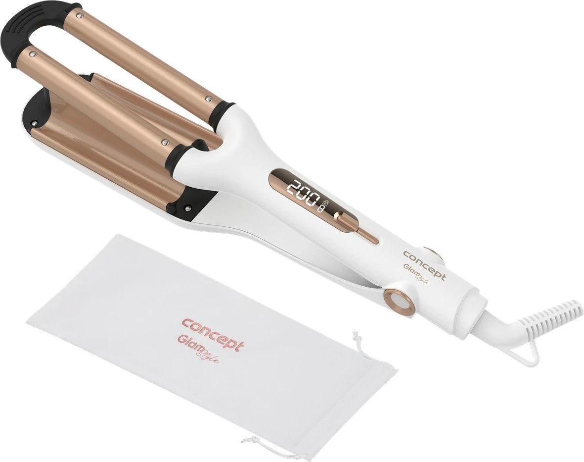 Ondulues flokësh treshe, Concept KT2140, veshje qeramike, 9 nivele temperature, LED, kabllo rrotulluese 1.8 m, me çantë, rozë gold