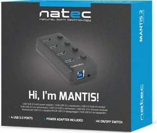 Hub USB Natec Mantis 2, 4 porta, USB 3.0, me switch dhe furnizim rryme, i zi