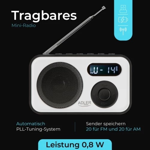 radio digjitale PLL AM/FM Adler AD 1906, LCD, 20+20 memorje, USB‑C, dalje kufje 3.5 mm, 0.8 W, bardh e zi