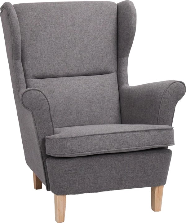 Fotel Malei, material gri, këmbë druri natyrale, 85x93x100cm