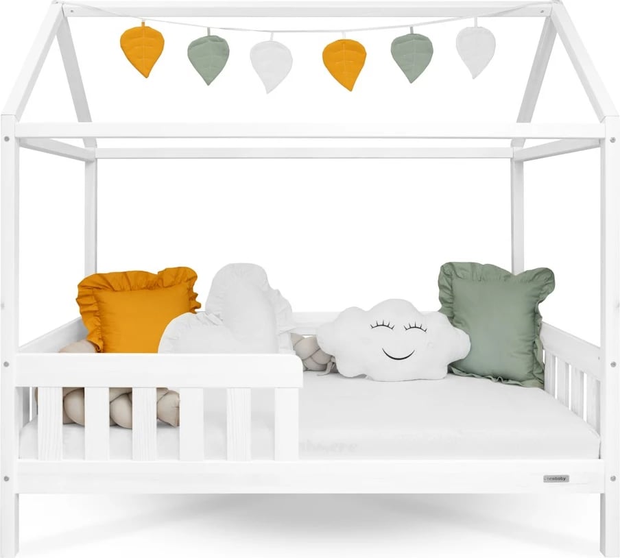 krevat fëmijësh shtëpizë, New Baby CASTELLO, 160x80 cm, gardh mbrojtës dhe dysheme me leta elastike, dru pishe, i bardhë