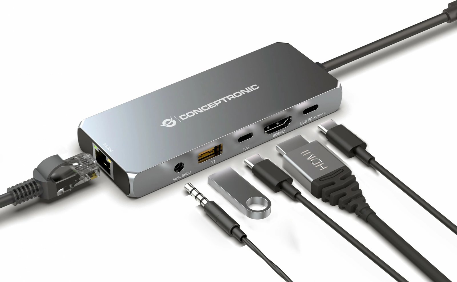 Dock Conceptronic 6-në-1 USB-C në HDMI/USB-A/GbE/AUX, 18cm, gri