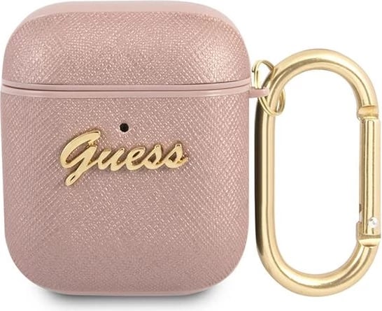 Mbështjellës Guess GUA2SASMP për AirPods 1/2, Saffiano Script Metal, Rozë