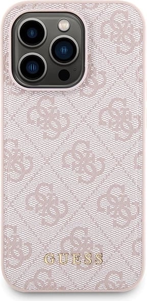 Mbështjellës Guess 4G Metal Logo me powerbank MagSafe 5000mAh për iPhone 15 Pro, Rozë, Set