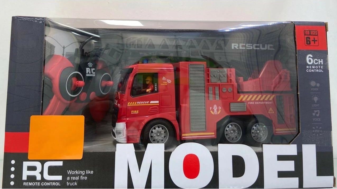 Kamion zjarrfikës R/C lodër, Madej, 013417, 6 kanale (6CH), drita e tinguj, plastikë, me telekomandë, e kuqe/zezë