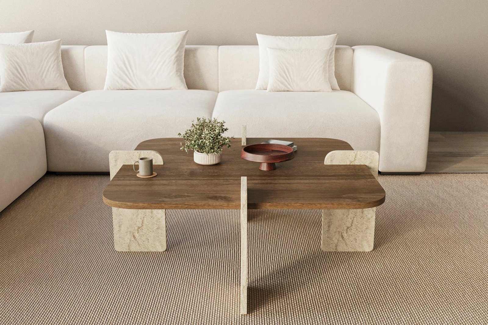 Tavolinë kafeje Skye Decor, Poalla, ngjyrë arrë dhe travertin