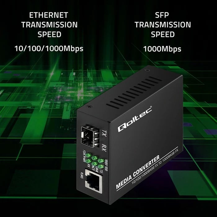 Konvertues media Qoltec 52295, 1x RJ45, 1x SFP, 1000Mb/s, i zi