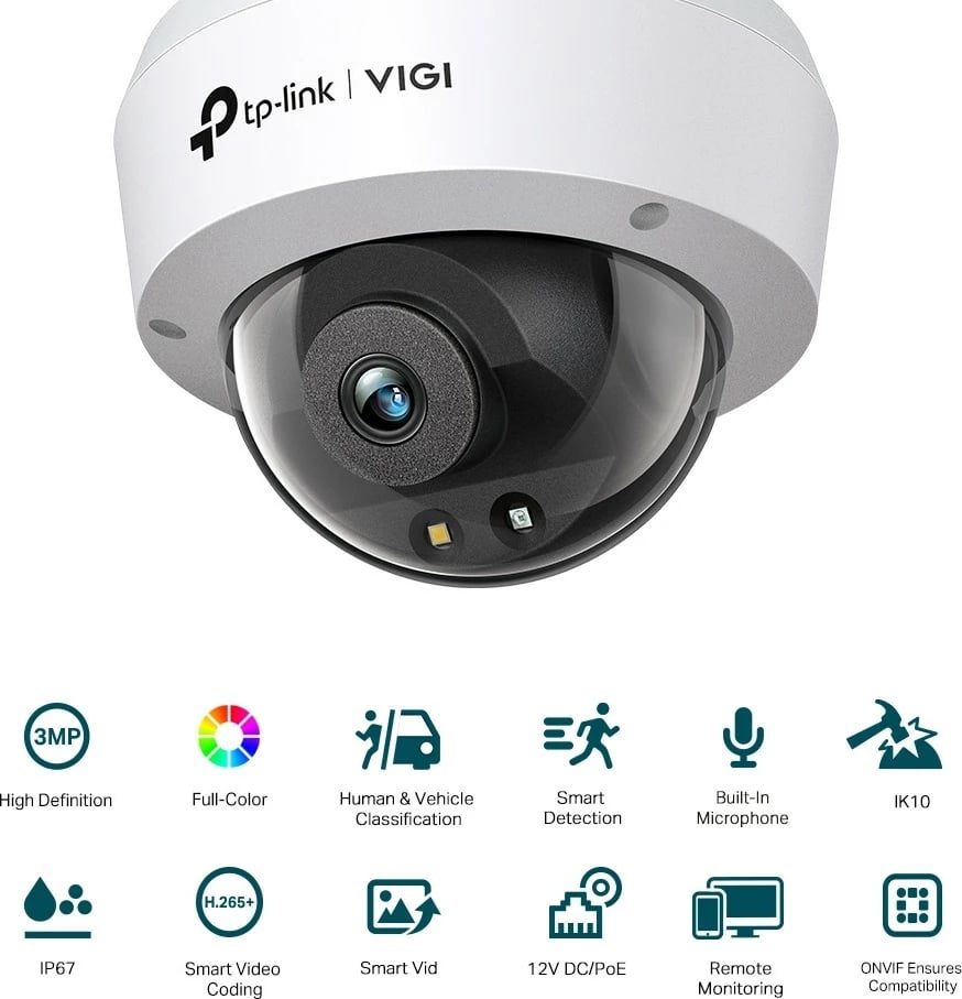 Kamerë dome TP-LINK VIGI C230, 3MP, Full Color, IP67, PoE, e bardhë