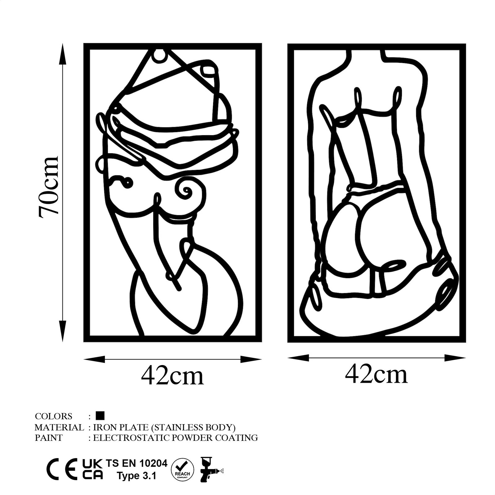 Aksesor muri dekorativ prej metali, Body Positive, ngjyrë e zezë, 42x70cm (2 copë)