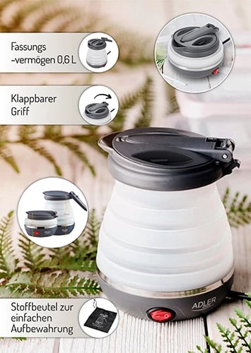 Çajnik elektrik udhëtimi, Adler AD 1279, 0.6 L, silikon palosës, 750W, gri