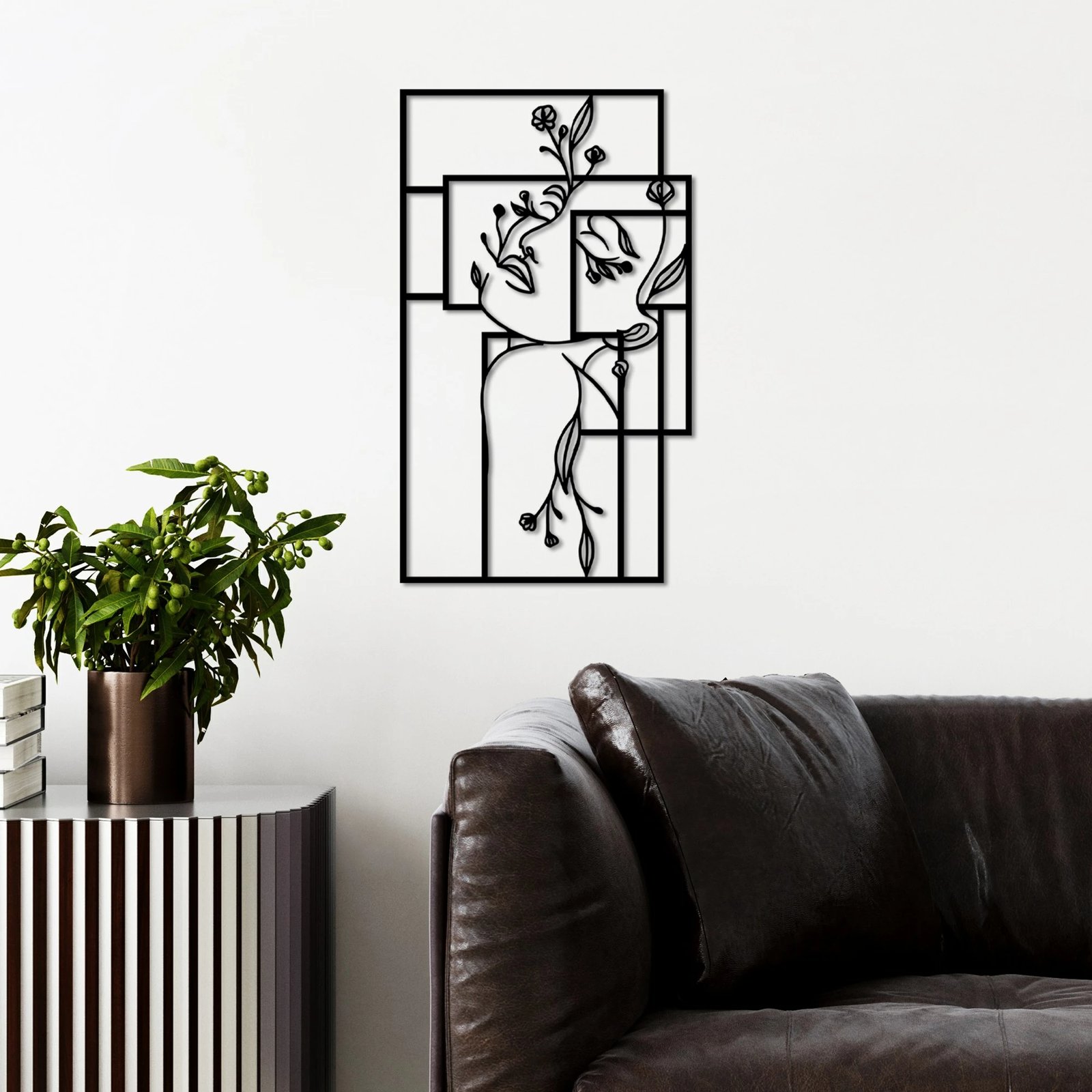 Aksesor dekorativ metalik për mur, Wallity, Flower Woman 1 - M, ngjyrë e zezë, 50x30cm