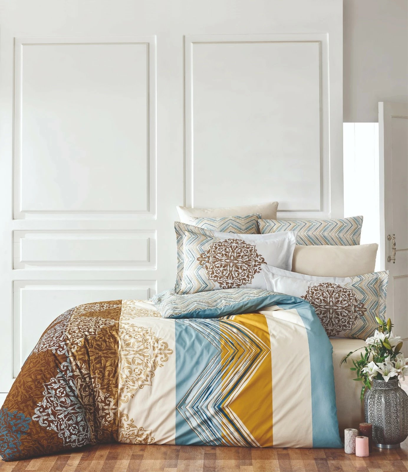 Set mbulesë për jorgan një person, Ranforce, ngjyra të bardhë, kafe, kaltër, mustardë, Julia