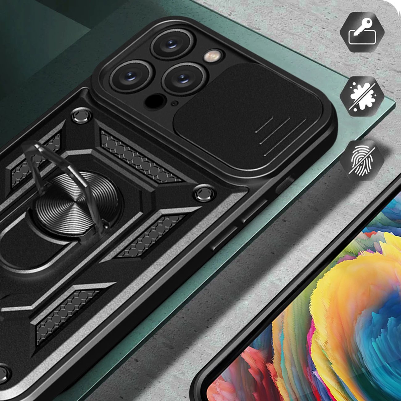 Mbështjellës Hurtel Hybrid Armor Camshield për iPhone 16 Pro Max, me mbulesë kamere dhe qëndrim, zi
