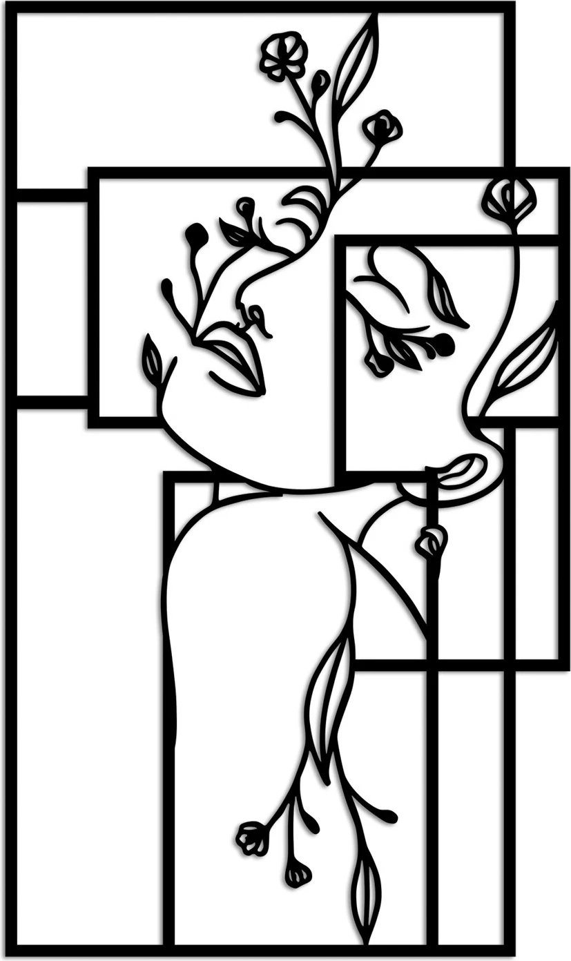 Aksesor dekorativ metalik për mur, Wallity, Flower Woman 1 - M, ngjyrë e zezë, 50x30cm