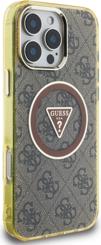 Mbështjellës Guess IML Metal Glitter 4G Circle Triangle MagSafe për iPhone 16 Pro, Kafe