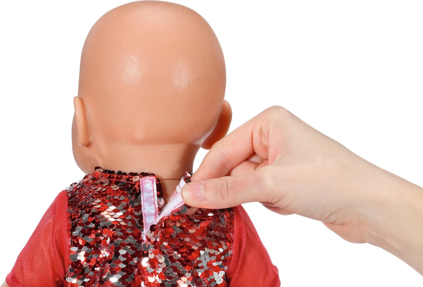 Veshje festive për kukull, Baby Born 836118-116724, për 43 cm, e kuqe/argjendtë/e bardhë, set me fustan, leggins, këpucë, kapelë Santa, varëse