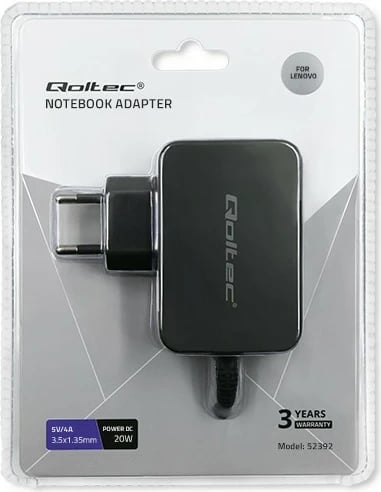 Adapter rryme Qoltec 52392 për Lenovo IdeaPad 100S-11IBY/IdeaTab MIIX 300-10IBY, 20W, 5V, 4A, 3.5x1.35 mm, zi