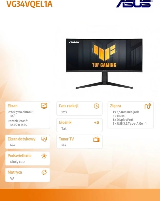 Monitor i lakuar Asus VG34VQEL1A, 34 inç, UWQHD, 100 Hz, i zi