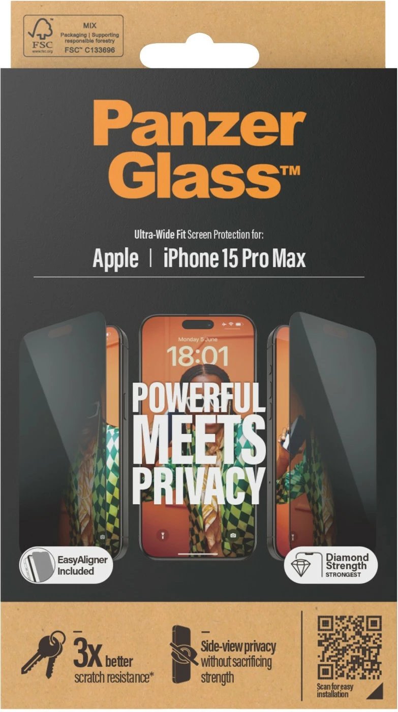 Mbrojtës ekrani PanzerGlass Privacy për iPhone 15 Pro Max, EasyAligner