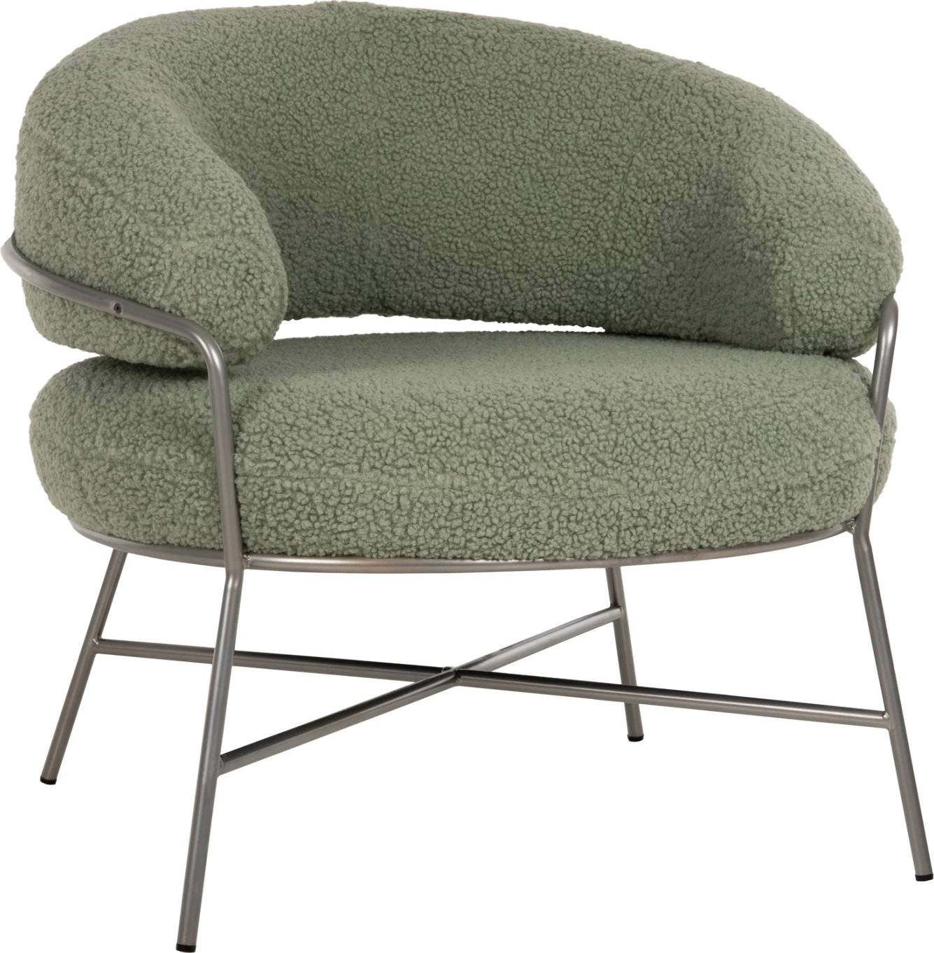 Fotelje TRUDI FH8639.27, ngjyrë fistik, pëlhurë boucle dhe kornizë metalike argjendi, 84x79x76H cm