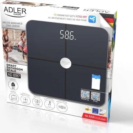 Peshore trupore smart, Adler AD 8187, kapacitet 180 kg, 12 parametra me aplikacion FitGo, platformë xhami 28x28 cm, ekran LED, e zezë Peshore trupore smart, Adler AD 8187, kapacitet 180 kg, 12 parametra me aplikacion FitGo, platformë xhami 28x28 cm, ekran LED, e zezë