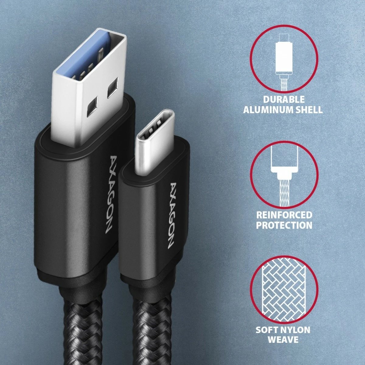 Kabllo AXAGON BUCM3-AM20AB USB-C në USB-A, 2m, 3A, i mbështjellë me najlon, Zi