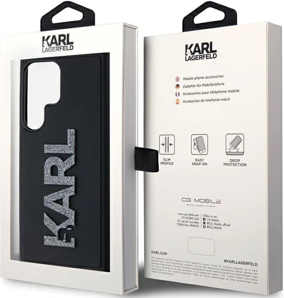 Mbështjellës Karl Lagerfeld 3D Rubber Glitter Logo për Samsung Galaxy S23 Ultra, i zi