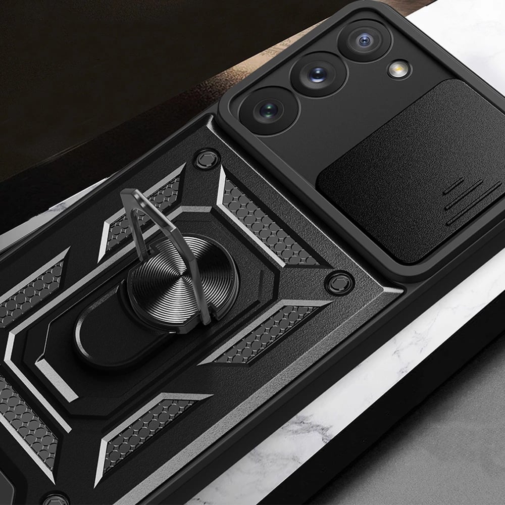 Mbështjellës Hurtel Hybrid Armor Camshield për Samsung Galaxy S23+, me kapak kamere, unazë metalike, Kuq
