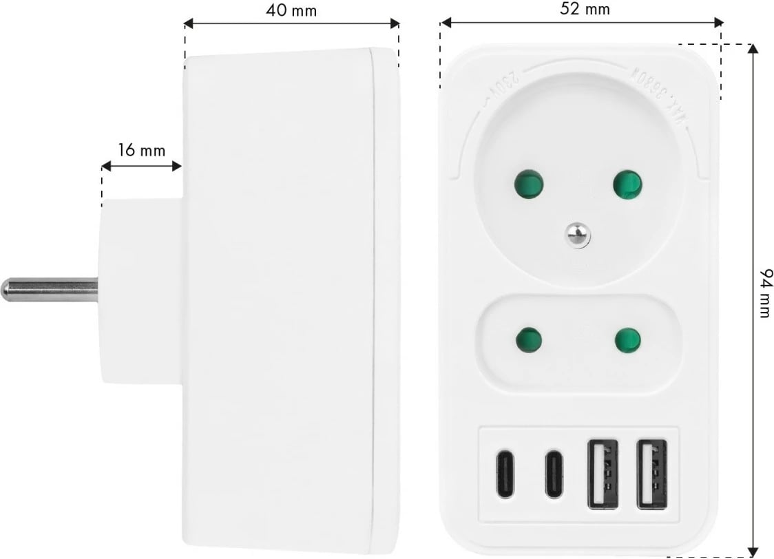 Shpërndarës prizash Maclean MCE249 F/W, 2 dalje AC (Schuko + Euro), 2x USB-A 18W, 2x USB-C PD 20W, i bardhë