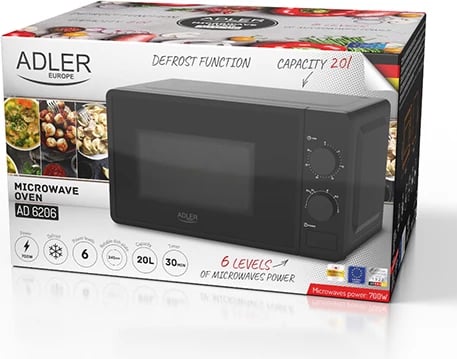 Furre me mikrovalë, Adler, AD 6206, 20 L, 700 W, 6 nivele, defrost, e zezë