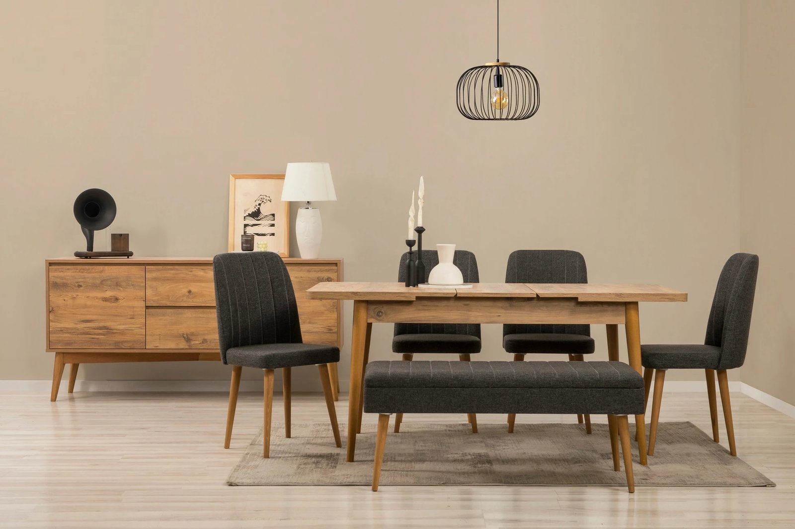 Set tavoline me karrige dhe konsolë, zgjatshme, 7 pjesë, Skye Decor, Vina 03 1053, ngjyrë Atlantic Pine dhe antracit