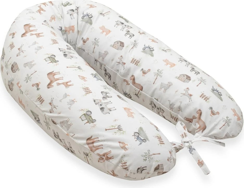 Jastëk gjidhënie universal, New Baby, Farm, mbulesë pambuk 100%, mbushje poliester anti-alergjik, me lidhëse, me mbulesë të heqshme, rreth 140 cm, i bardhë me motive ferme