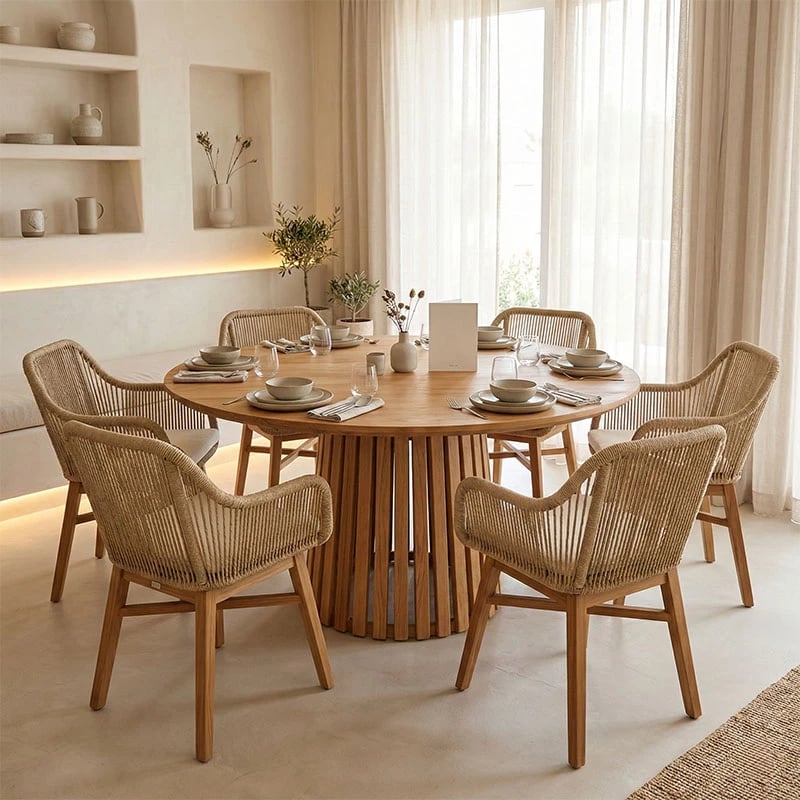 Set tavoline me karrige Kalie-Kenda 7 pjesë, hije natyrale-bezhë, Φ120x75cm