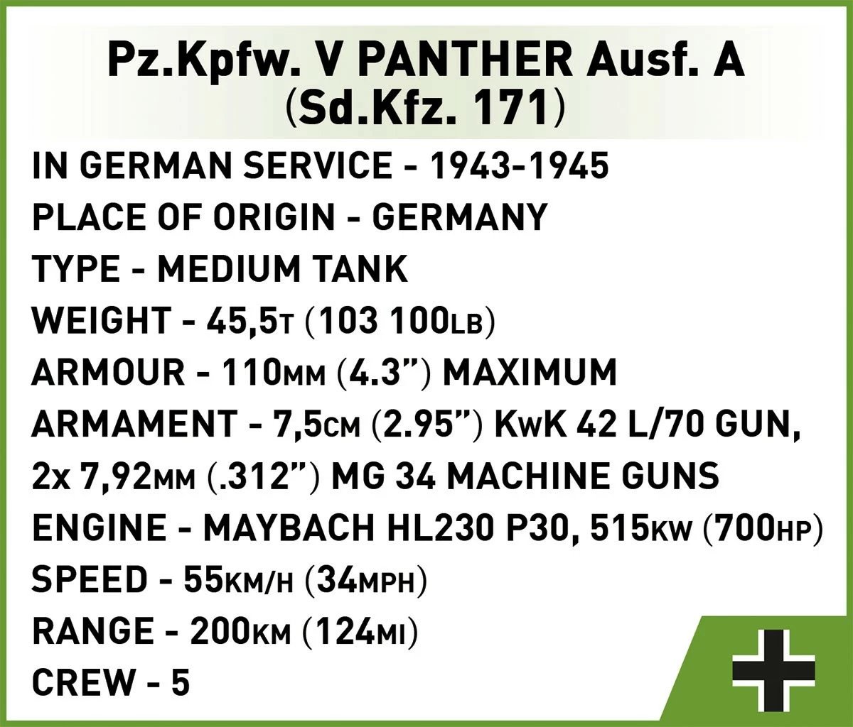 Set ndërtimi Cobi Pz.Kpfw. V Panther Ausf.A, 1152 pjesë, me figurë, shumëngjyrësh