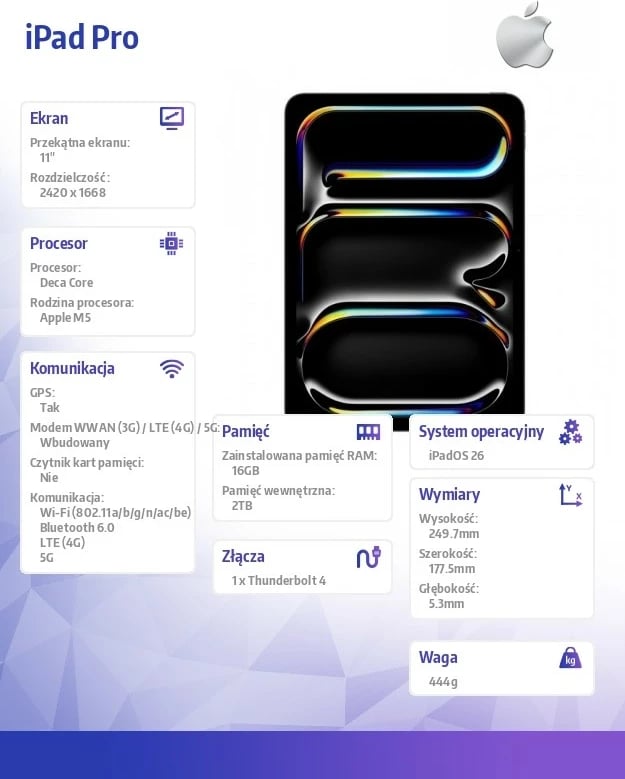 tablet Apple iPad Pro 11-inch Wi‑Fi + Cellular 2 TB, Ultra Retina XDR, Thunderbolt 4, 5G, iPadOS 26, Standard Glass, Starry Black