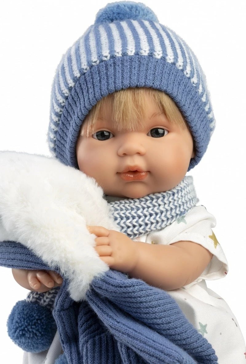 Kukull Llorens Sasha 38573 38 cm që qan, me bateri, material pambuk/vinil, me cicë, set 5 pjesë, blu e bardhë