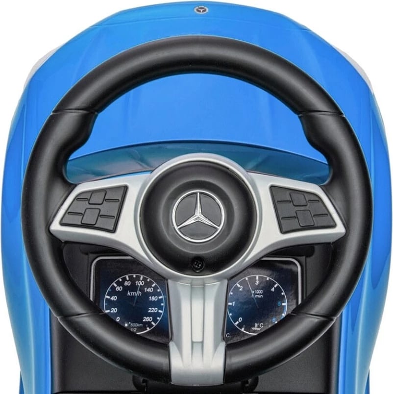 makinë ride-on me dorezë udhëzuese, Milly Mally Mercedes C-Class Deluxe, sedilje eko-lëkurë, goma gome, tinguj timoni, ngarkesë 25 kg, 12–36 muaj, blu