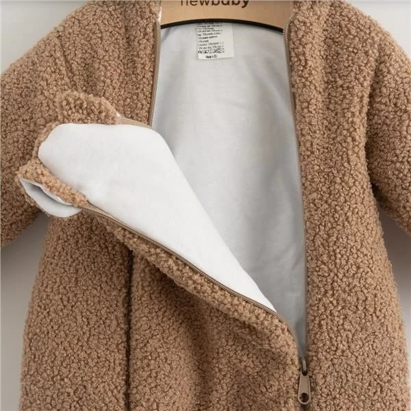 Kombinezon dimri bebe, New Baby Teddy Winter, madhësia 80 (9-12m), boucle me kapuç me veshë, 2 zinxhirë, kafe