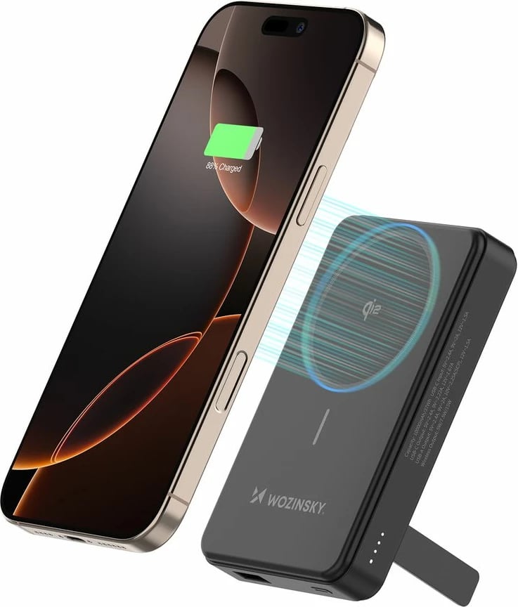 Powerbank Wozinsky WLWP-10KA0Y3S, 10000 mAh, 22.5W PD, Qi2, me mbajtëse, e zezë Powerbank Wozinsky WLWP-10KA0Y3S, 10000 mAh, 22.5W PD, Qi2, me mbajtëse, e zezë