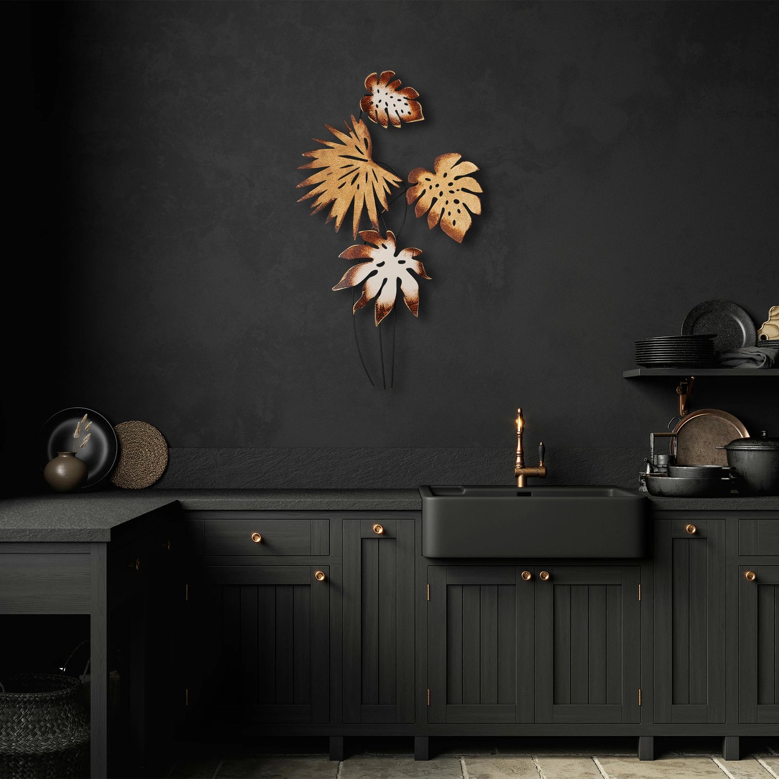 Aksesor dekorativ metalik për mur, Monstera v3, Wallity