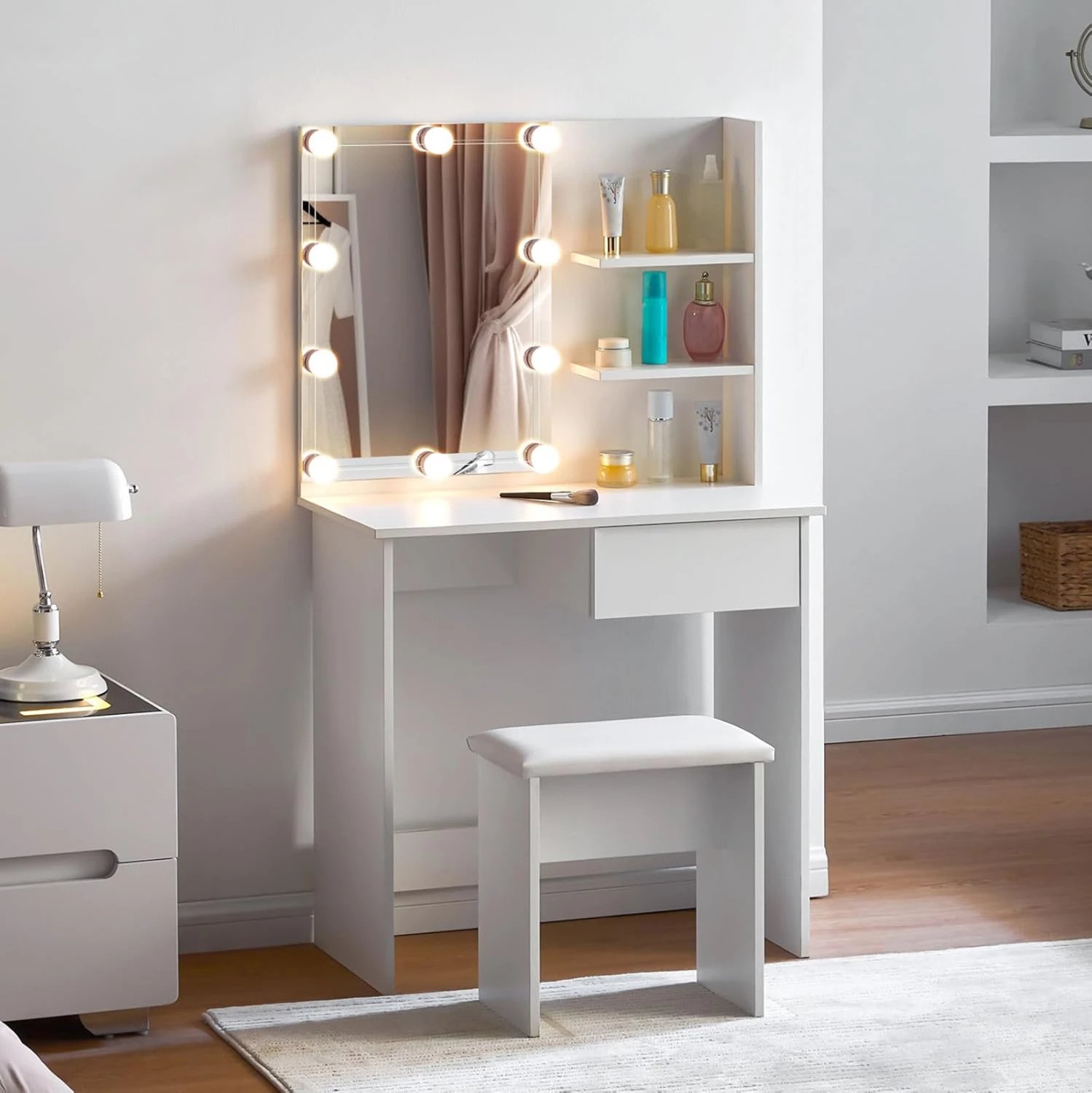 Tavolinë grimi me LED dhe rafte, LAURYN FH2501.03, melaminë, e bardhë, 75x40x134.5H cm