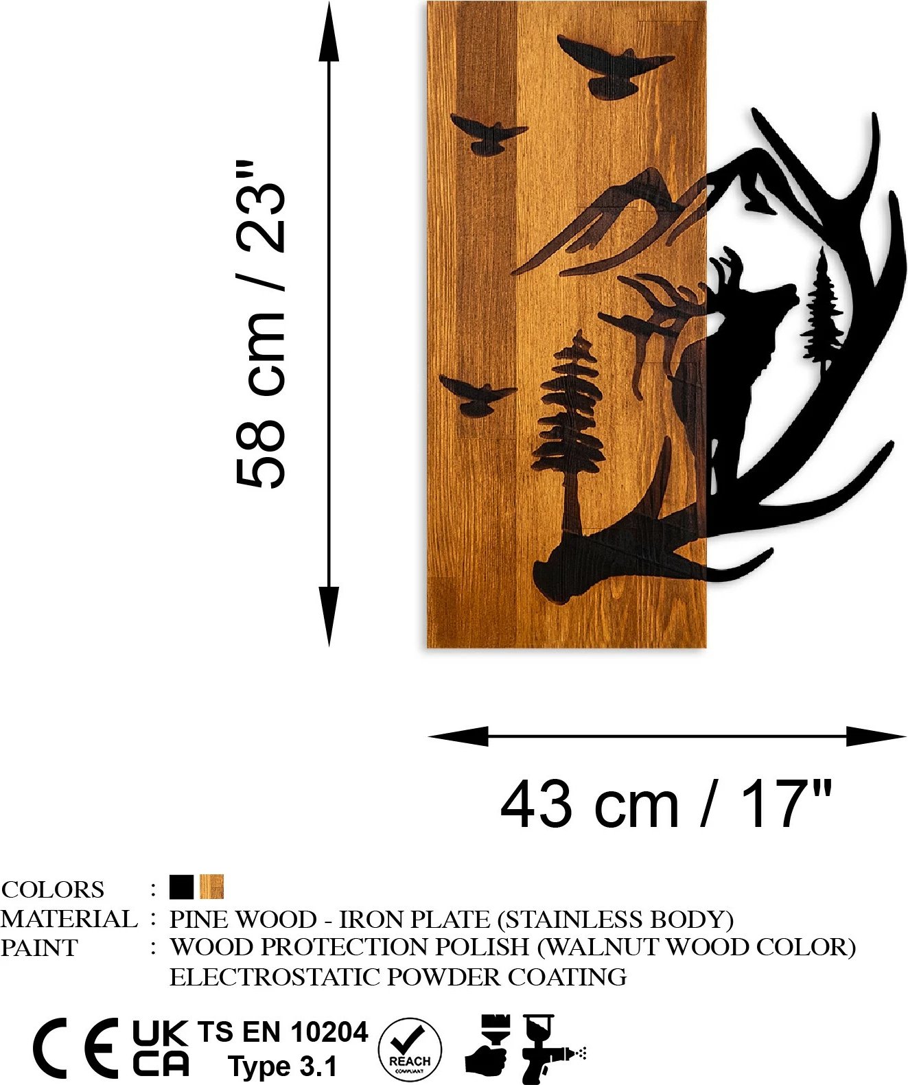 Aksesor dekorativ prej druri për mur, dreri dhe mali, ngjyrë arre, 43x58cm