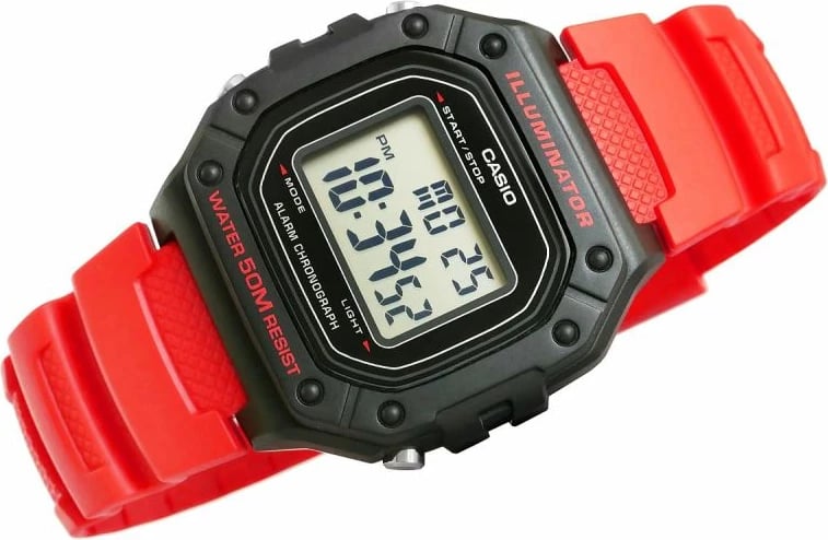 Orë dore për meshkuj Casio W-218H-4B, rrip i kuq, me kuti