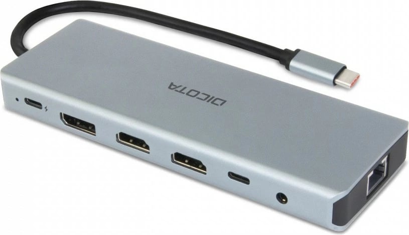 Stacion dokimi USB-C, DICOTA D32065, 13-në-1, 4K HDMI/DP, PD 100W, Gigabit LAN, argjendtë
