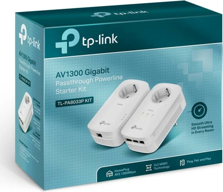 Kit adapter Powerline TP-Link TL-PA8033P AV1300, 3x Gigabit LAN, prizë kaluese, 2x2 MIMO, HomePlug AV2, set 2 copë