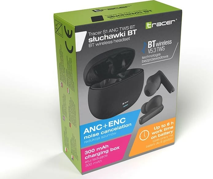 Kufje TWS me ANC, Tracer S1 (TRASLU47340), Bluetooth 5.3, bateri 6 orë, kasë 300 mAh, të zeza