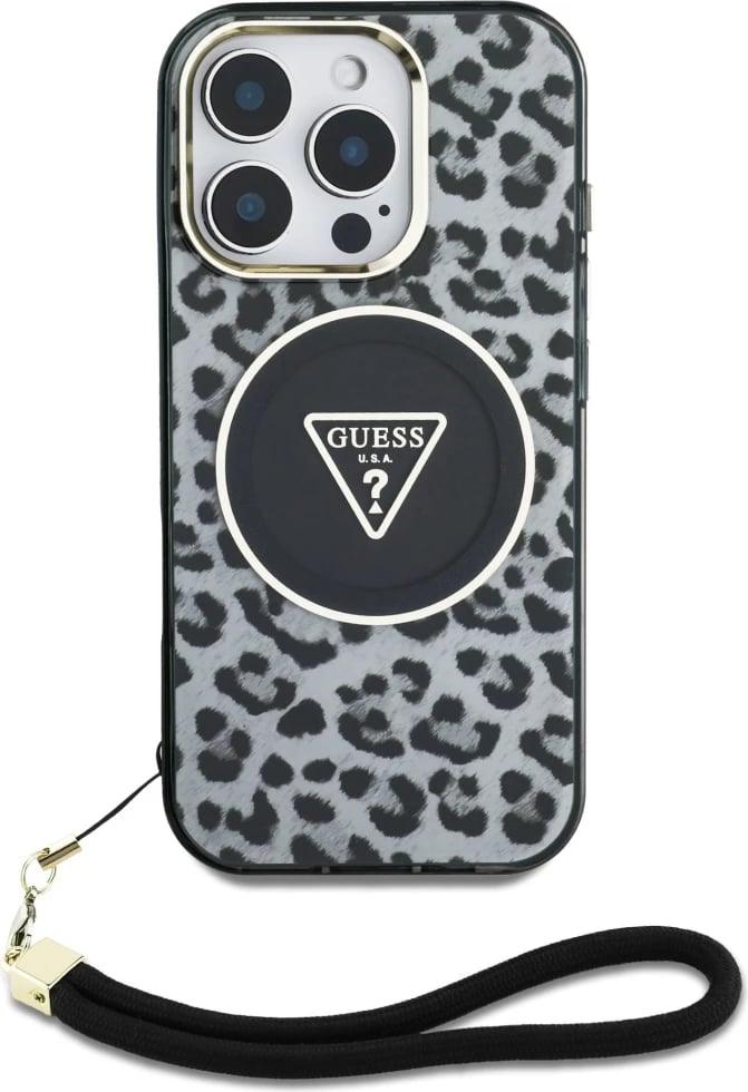 Mbështjellës Guess HC IML Leopard Triangle Cord Strap për iPhone 16 Pro, MagSafe, Zi Mbështjellës Guess HC IML Leopard Triangle Cord Strap për iPhone 16 Pro, MagSafe, Zi