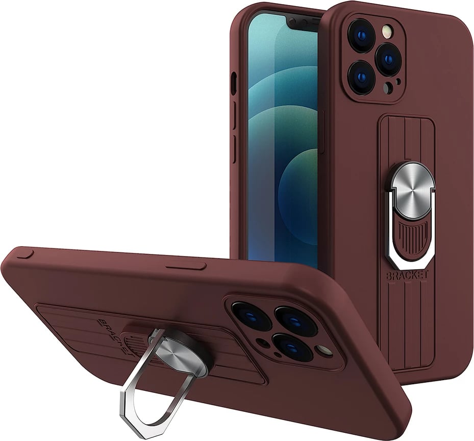 Mbështjellës silikoni Hurtel Ring Case me mbajtëse gishti dhe qëndrim për iPhone 12 Pro Max, Kafe
