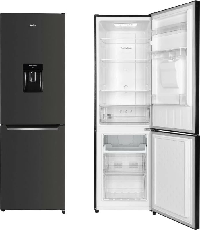 Frigorifer me ngrirës, Amica, FK299.2FI(E), 250 L (180+70), Total No Frost, shpërndarës uji, 181 cm, klasë energjie E, i pavarur, ngrirës poshtë, inox i zi